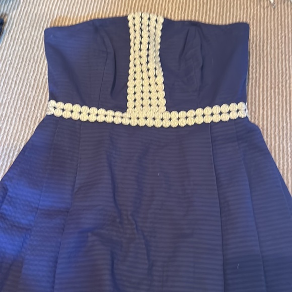LIKE NEW LILLY PULITZER regency bubble hem navy gold dress size 0 - Picture 4 of 12
